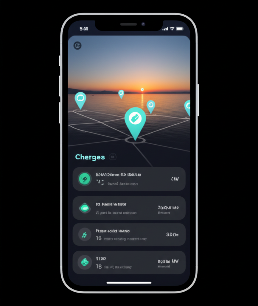 Korenti app interface showing charging station map and session details